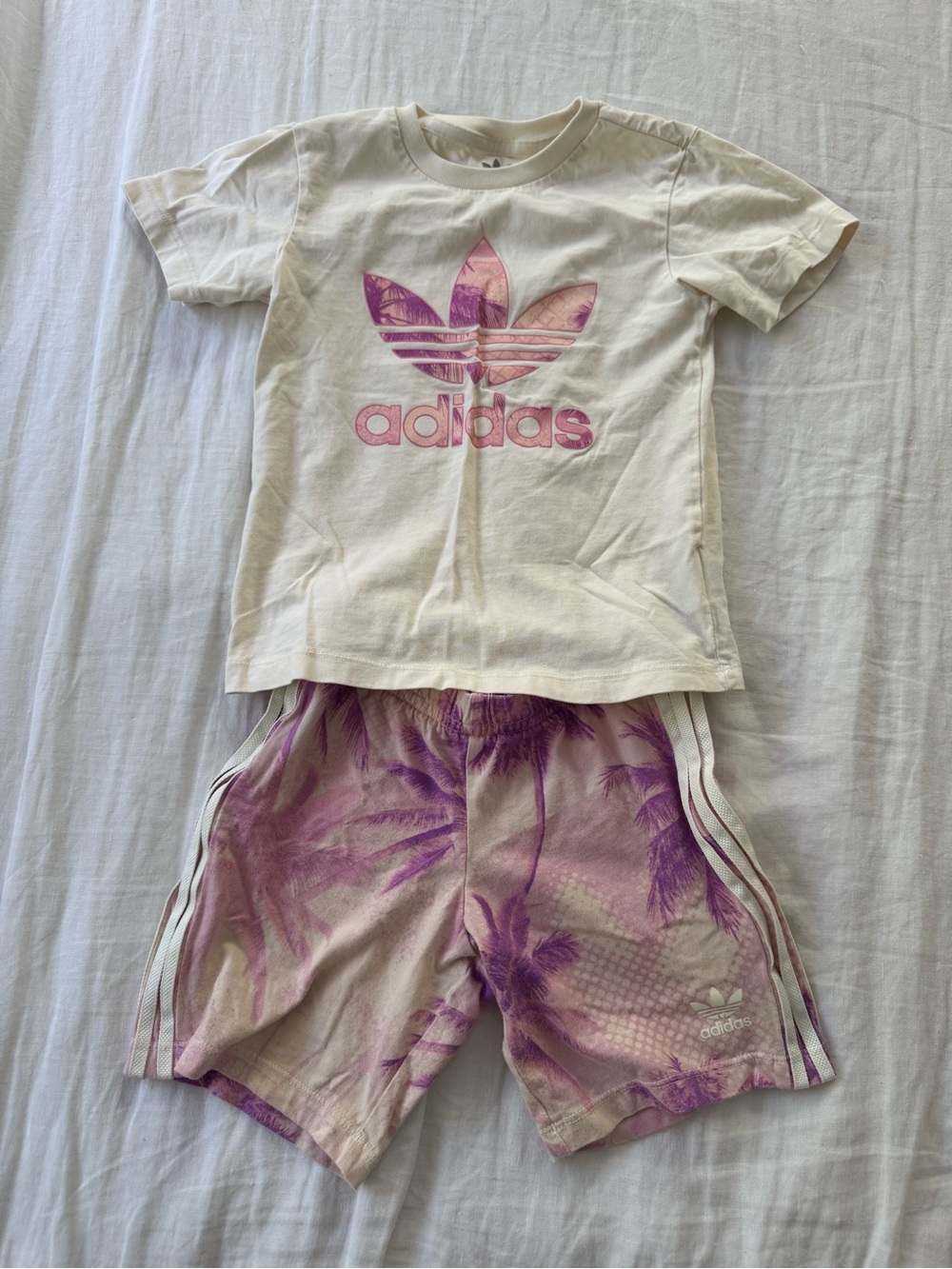 adidas White & Purple Palm-Print Kids Matching Set